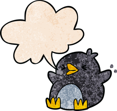 Konuşma baloncuğu olan karikatür pengueni insan tarafından çizilmiş.