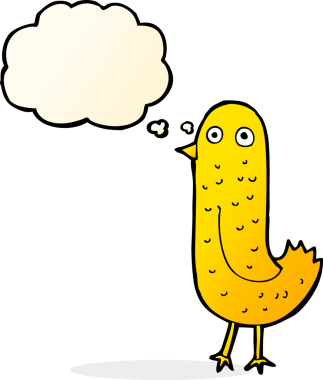 Bir insan tarafından çizilmiş düşünce baloncuklu komik çizgi film kuşu.