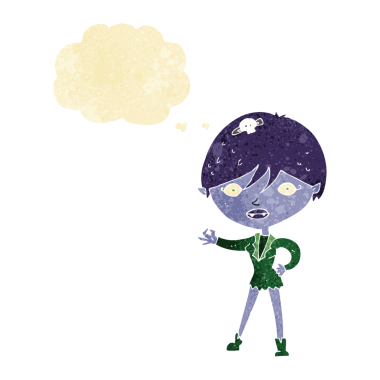 Bir insan tarafından çizilmiş düşünce balonlu vampir kız.