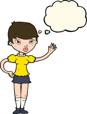 Bir insan tarafından çizilmiş düşünce baloncuğuyla el sallayan çizgi film kadını.