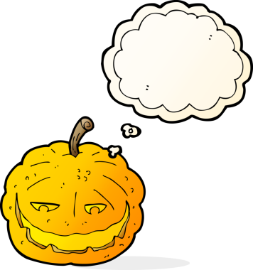 Bir insan tarafından çizilmiş düşünce baloncuklu Cadılar Bayramı balkabağı çizgi filmi.