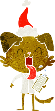 Bir insan tarafından çizilmiş Noel Baba şapkası takan ve nefes nefese kalan bir köpeğin el çizimi karikatürü.