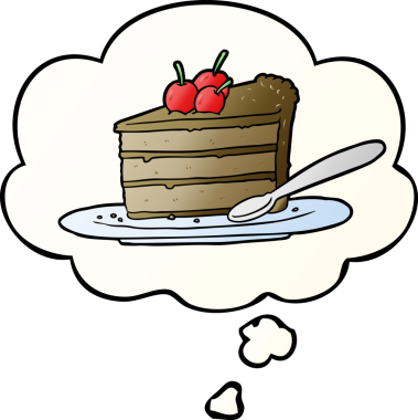 Düşünce baloncuklu çikolatalı pasta bir insan tarafından çizilmiş.