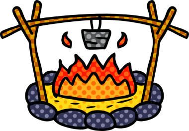 Bir insan tarafından çizilmiş bir kamp alanının el çizimi karikatürü.