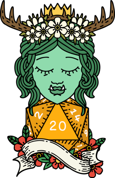 Retro Dövme Biçimli Ork karakteri bir insan tarafından çizilmiş 20 zar ile