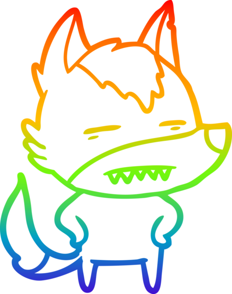 Gökkuşağı gradyan çizgi çizimi bir insan tarafından çizilmiş dişleri gösteren bir kurt çizgi