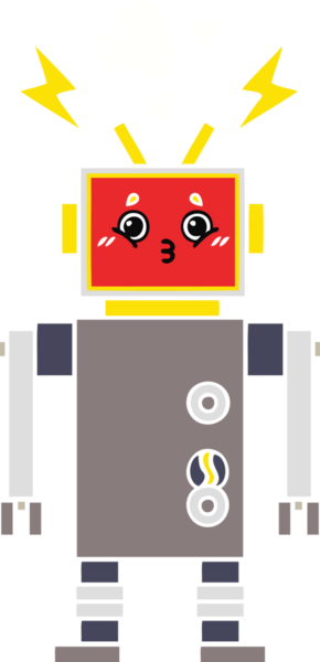 Bir insan tarafından çizilen robot arızasının düz renk retro karikatürü