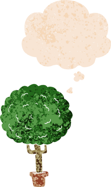 Düşünce baloncuğu ve grunge desenli karikatür ağacı bir insan tarafından çizilmiş.