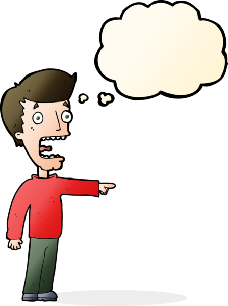 Bir insan tarafından çizilmiş düşünce baloncuğuyla dehşete düşmüş bir adam.