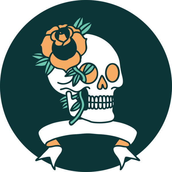 Bir insan tarafından çizilmiş kafatası ve gül şeklinde dövme simgesi