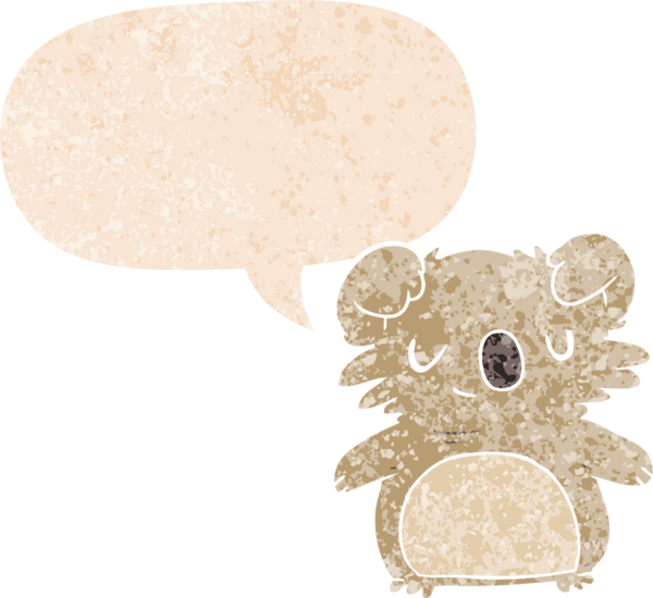 grunge 'da konuşma baloncuğu olan çizgi film koalası bir insan tarafından çizilmiş gerilimli retro dokuma tarzı