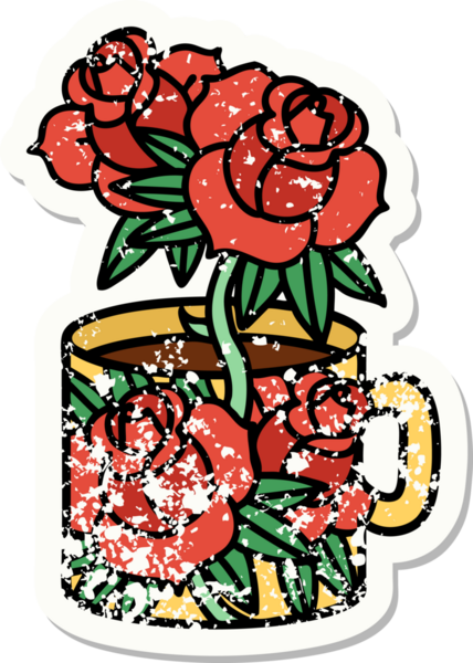 Geleneksel bir fincan stili ve bir insan tarafından çizilmiş çiçek dövmesi.