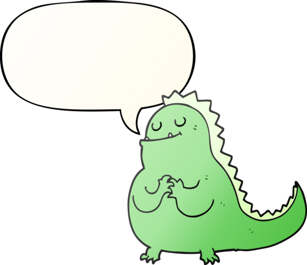 bir insan tarafından çizilmiş, konuşma baloncuklu karikatür dinozoru.