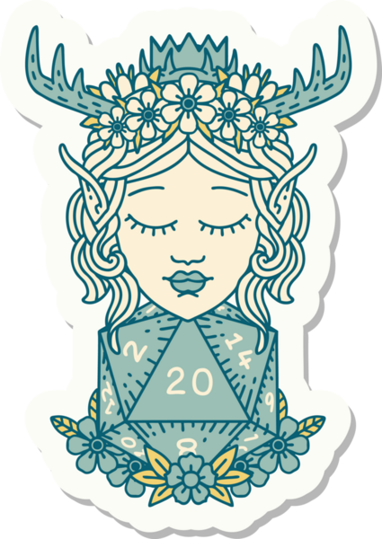 Bir insan tarafından çizilmiş nautral yirmilik zarlı bir Elf Druid karakterinin çıkartması.