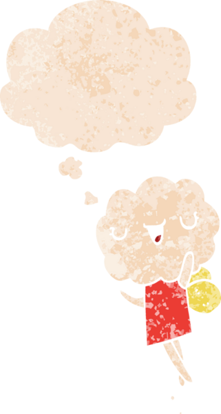 Düşünce baloncuğu ve grunge dertli retro desenli bir insan tarafından çizilmiş şirin çizgi film başlıklı yaratık.