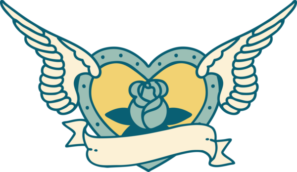 Bir insan tarafından çizilmiş çiçek ve bayrak ile uçan bir kalbin ikonik dövme görüntüsü