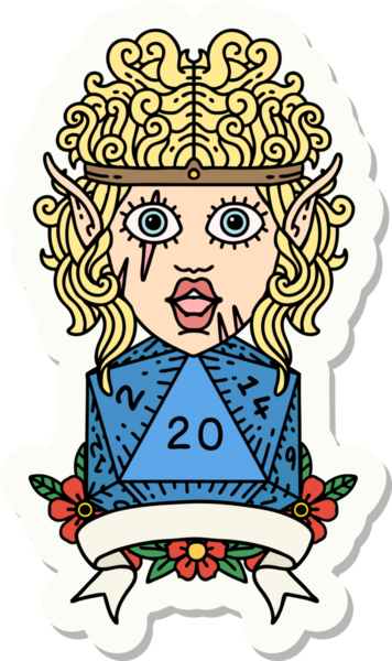 Bir insan tarafından çizilmiş 20 zarlı elf barbar karakterinin çıkartması.