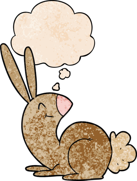 Bir insan tarafından çizilmiş grunge desenli düşünce baloncuklu şirin çizgi film tavşanı.