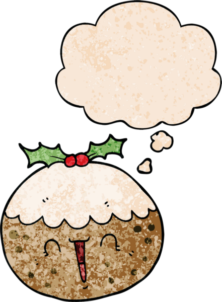 Düşünce baloncuklu tatlı çizgi film pudingi. Bir insan tarafından çizilmiş grunge desenli.