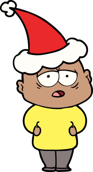 Bir insan tarafından çizilmiş Noel Baba şapkası giyen yorgun ve kel bir adamın el çizimi.