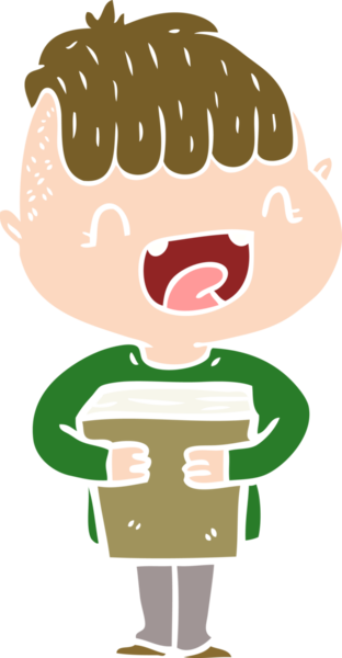 Düz renkli çizgi film. Mutlu çocuk. Bir insan tarafından çizilmiş yeni kitaplar.