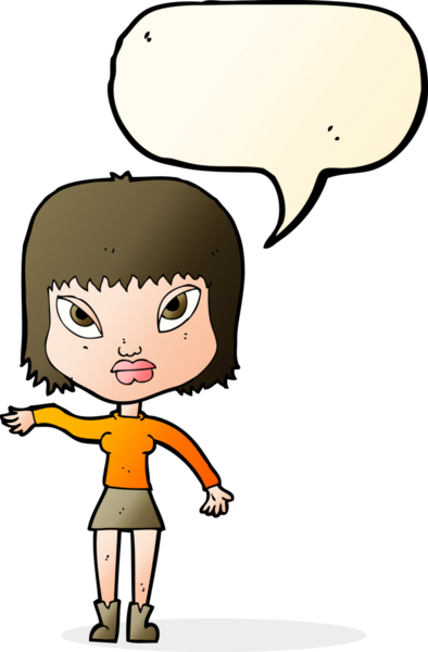 Bir insan tarafından çizilen konuşma baloncuğuyla jest yapan çizgi film kadını.