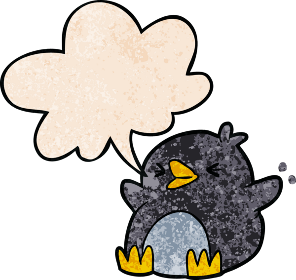 Konuşma baloncuğu olan karikatür pengueni insan tarafından çizilmiş.