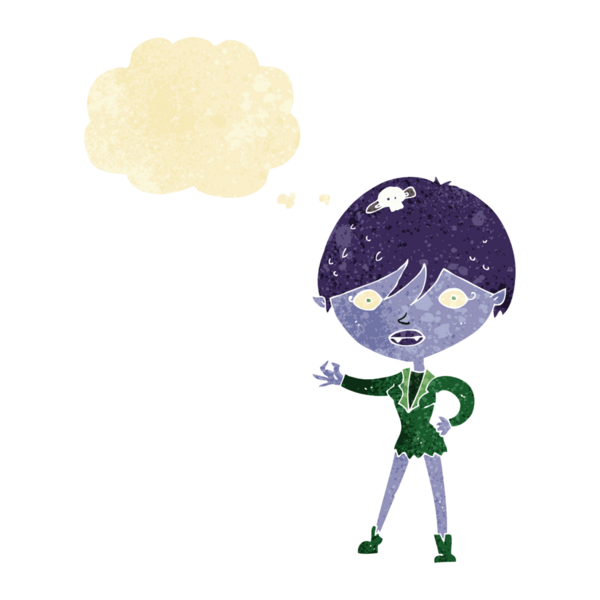 Bir insan tarafından çizilmiş düşünce balonlu vampir kız.