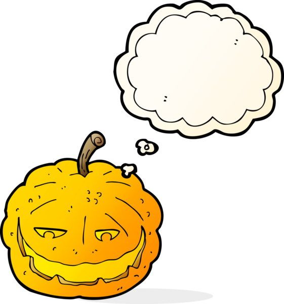 Bir insan tarafından çizilmiş düşünce baloncuklu Cadılar Bayramı balkabağı çizgi filmi.