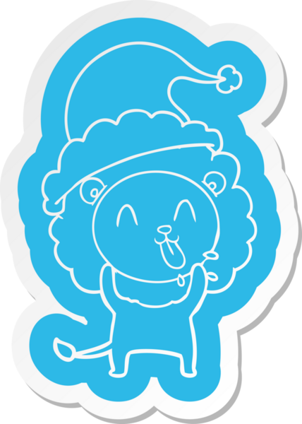 Bir insan tarafından çizilmiş Noel Baba şapkası takan bir aslanın komik çizgi film çıkartması.