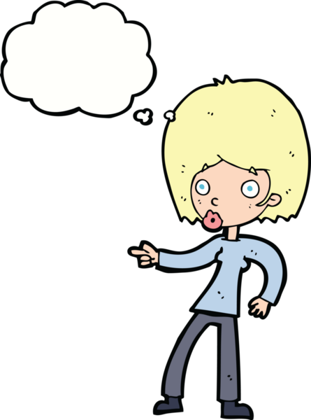 Bir insan tarafından çizilmiş düşünce balonuyla işaret eden çizgi film kadını.