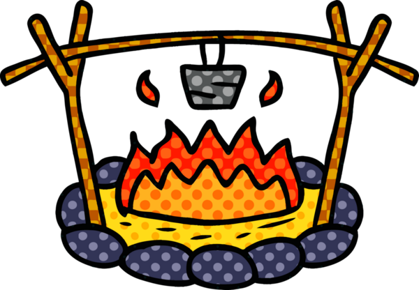 Bir insan tarafından çizilmiş bir kamp alanının el çizimi karikatürü.