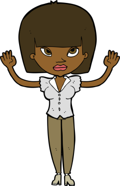 Bir insan tarafından çizilmiş kaldırılmış elleri olan çizgi film kadını.