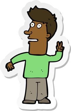 Bir insan tarafından çizilmiş barış işareti yapan bir çizgi film karakterinin çıkartması.