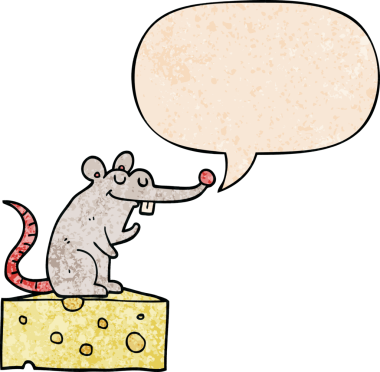 Çizgi film faresi peynir üzerinde oturmuş konuşma baloncuğu ile retro doku şeklinde bir insan tarafından çizilmiş.