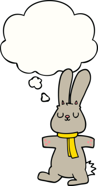 Bir insan tarafından çizilmiş düşünce kabarcığı olan çizgi film tavşanı.