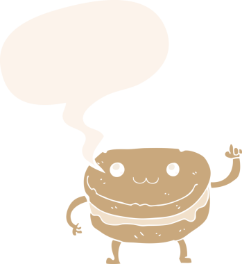 Bir insan tarafından çizilmiş, konuşma baloncuklu pasta karakterini sallayan çizgi film.