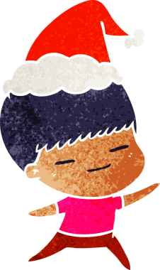 Bir insan tarafından çizilmiş Noel Baba şapkası giyen kendini beğenmiş bir çocuğun el çizimi karikatürü.