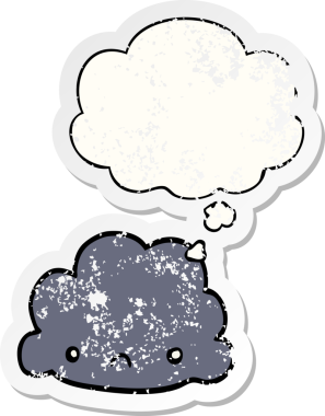 Düşünce baloncuklu karikatür bulutu bir insan tarafından çizilmiş yıpranmış bir çıkartma gibi.