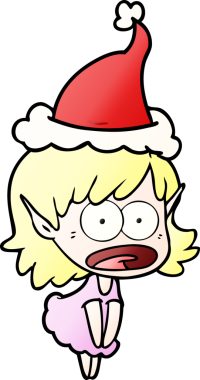 Bir insan tarafından çizilmiş Noel Baba şapkası giymiş şok olmuş bir elf kızının el çizimi karikatürü.