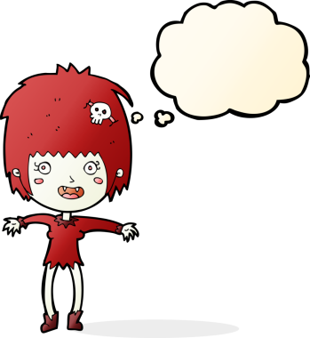 Bir insan tarafından çizilmiş düşünce balonlu vampir kız.