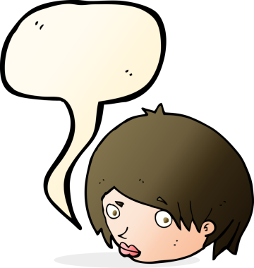 Bir insan tarafından çizilmiş konuşma baloncuğu olan kaş kaldırılmış çizgi film kadın yüzü.