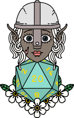 Retro Tattoo stili elf dövüşçüsü. Bir insan tarafından çizilmiş 20 zar ile.