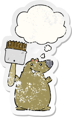 Düşünce balonlu boya fırçası olan çizgi film ayısı insan tarafından çizilmiş yıpranmış bir çıkartma gibi.