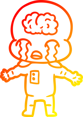 Bir çizgi filmin sıcak çizgi çizimi. Bir insan tarafından çizilmiş ağlayan büyük beyin uzaylısı.