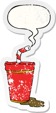 Konuşma baloncuklu karikatür bardağı bir insan tarafından çizilmiş sıkıntılı eski bir çıkartma