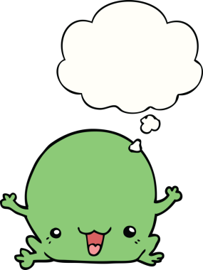 Bir insan tarafından çizilmiş düşünce baloncuklu karikatür kurbağası