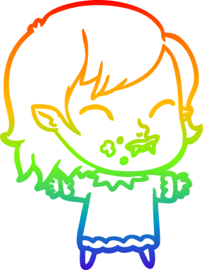 Gökkuşağı gradyan çizgisi. Bir insan tarafından çizilmiş yanağında kan olan vampir bir kız çizgi filmi.