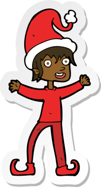 Bir insan tarafından çizilmiş bir karikatür çıkartması Noel elfini heyecanlandırıyor.