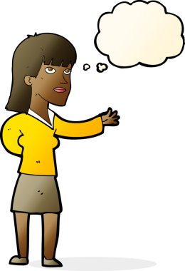 Bir insan tarafından çizilen düşünce baloncuğuyla açıklayan çizgi film kadını.